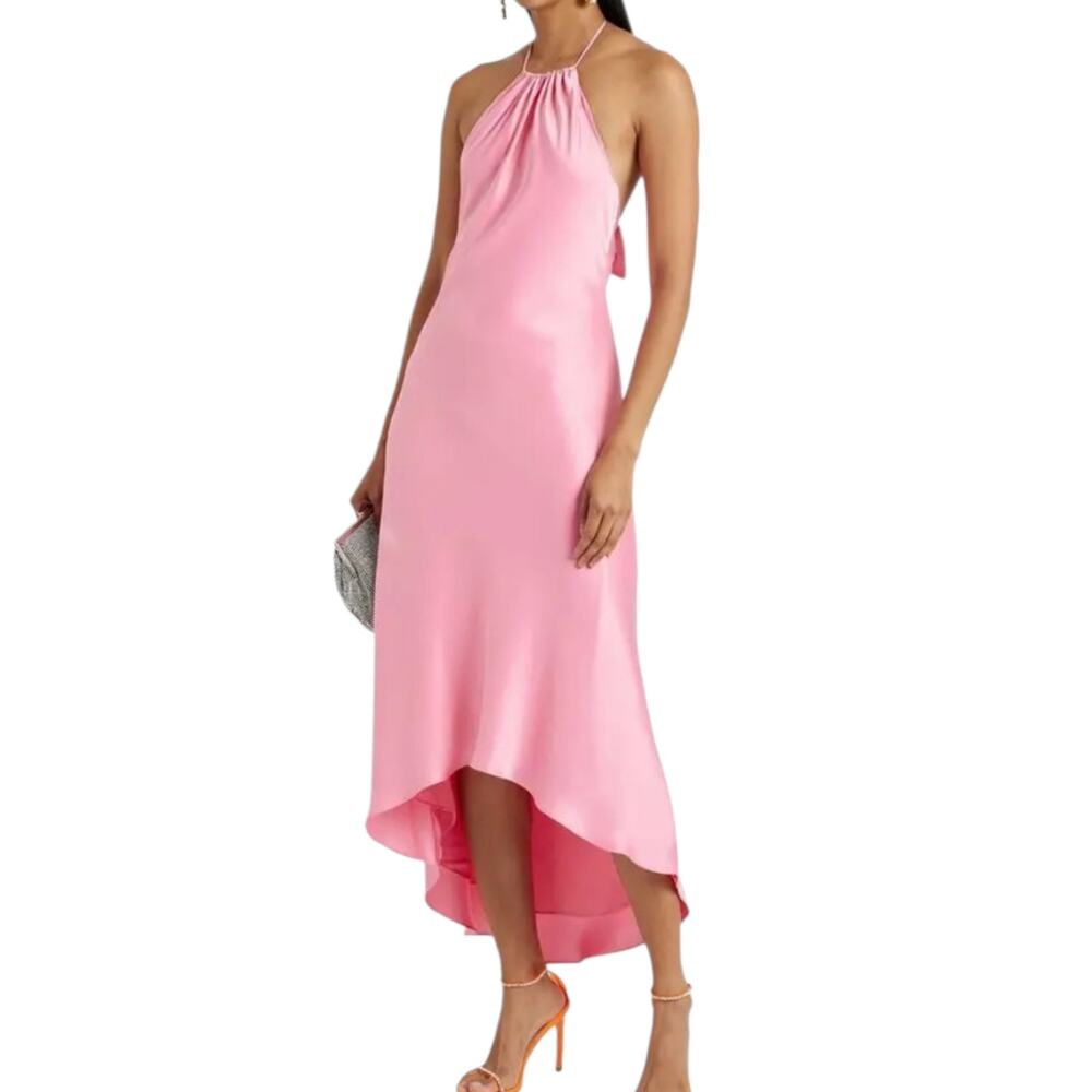 Alice + Olivia Rayni Pink Bow Detailed Satin Halterneck Maxi Dress NWT Size 8